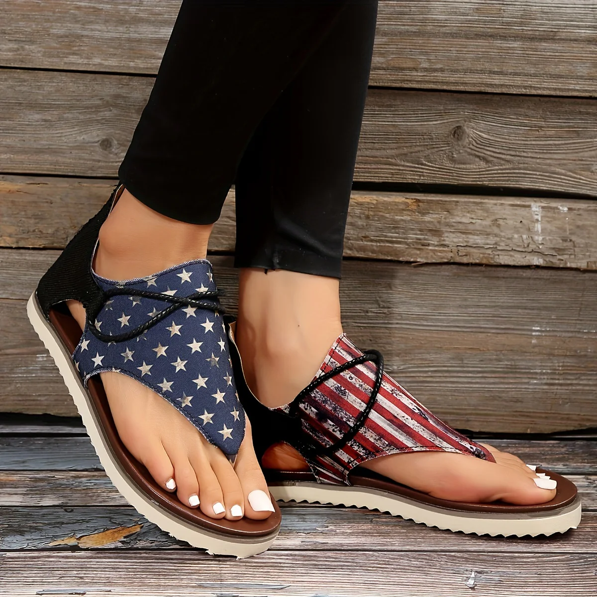 [Vintage Gladiator Sandals] Vintage Style Gladiator Sandals - Striped Independence Day Flat Heel with Zip Closure, Split Toe Design, EVA Sole, Faux Cover Insole & Lining - Image 5