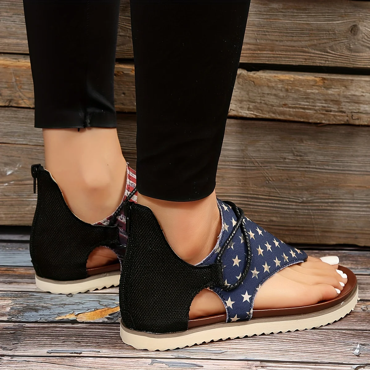 [Vintage Gladiator Sandals] Vintage Style Gladiator Sandals - Striped Independence Day Flat Heel with Zip Closure, Split Toe Design, EVA Sole, Faux Cover Insole & Lining - Image 7