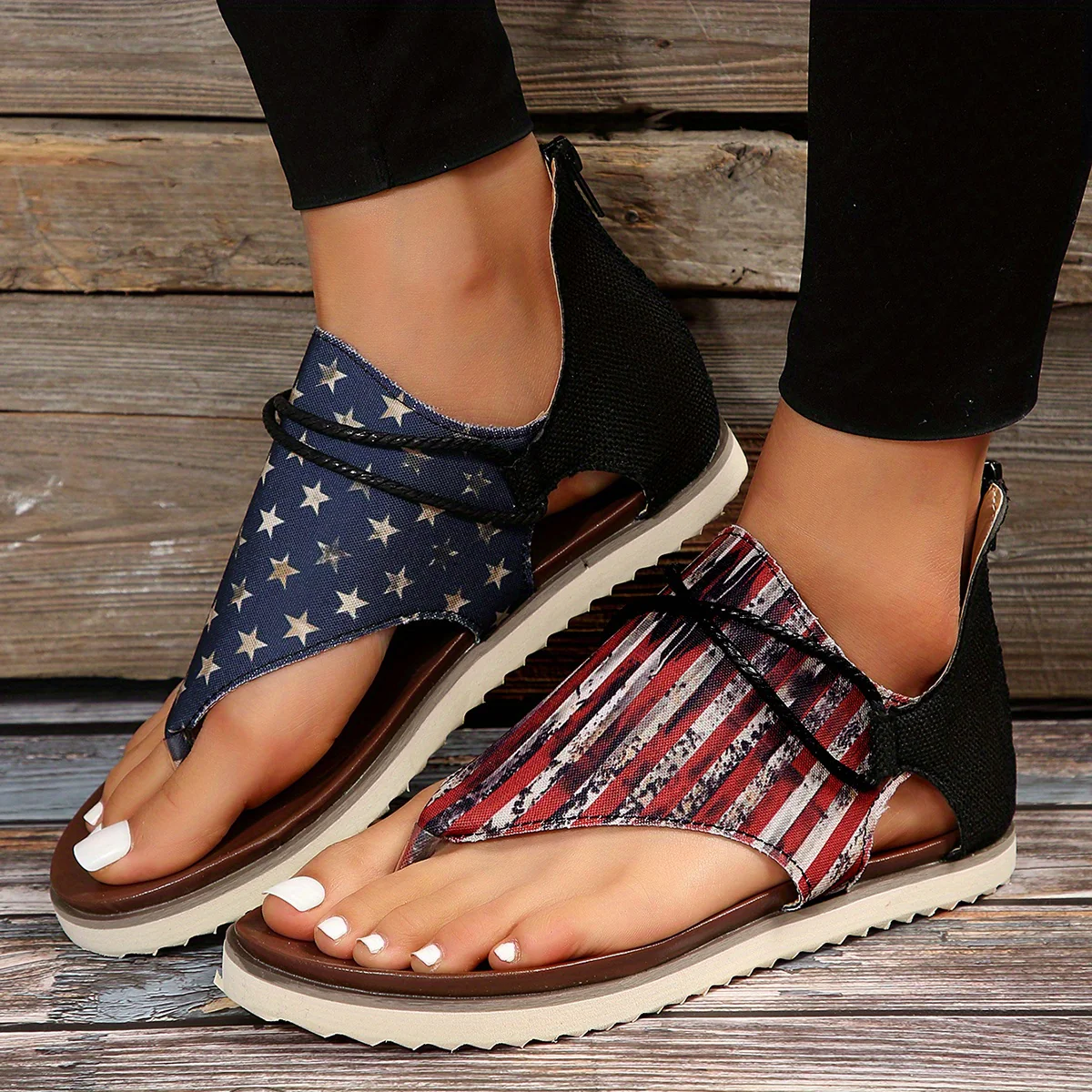 [Vintage Gladiator Sandals] Vintage Style Gladiator Sandals - Striped Independence Day Flat Heel with Zip Closure, Split Toe Design, EVA Sole, Faux Cover Insole & Lining - Image 9