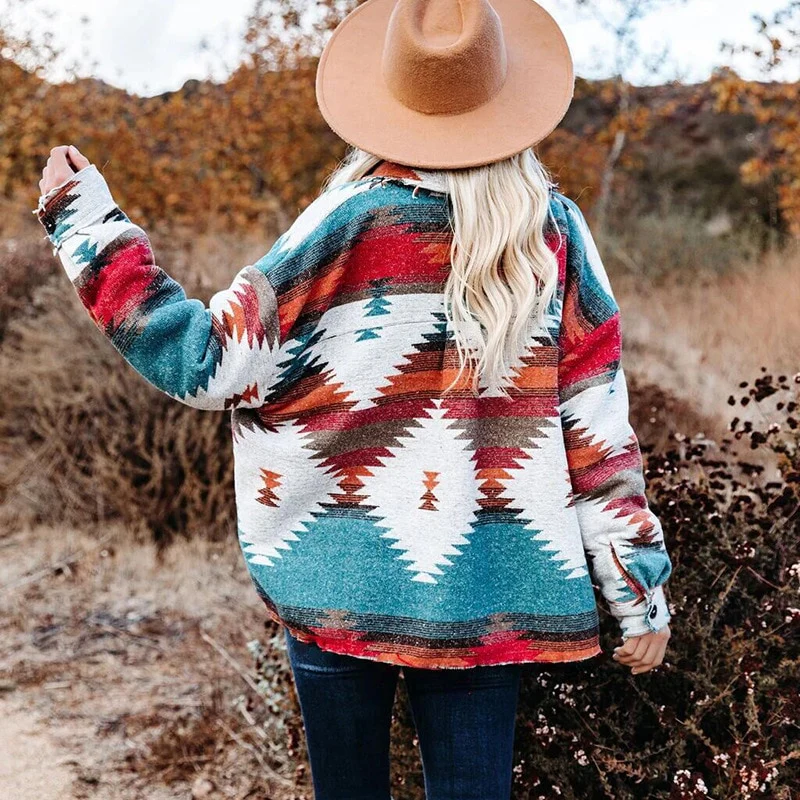 Vintage Jacket Women Splicing Loose Jacket Denim Print Aztec Retro Ethnic Style Long Sleeved Shirt Streetwear Female Goth Coat - Image 11
