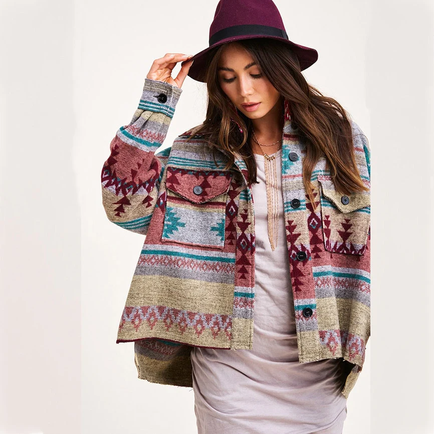 Vintage Jacket Women Splicing Loose Jacket Denim Print Aztec Retro Ethnic Style Long Sleeved Shirt Streetwear Female Goth Coat - Image 2