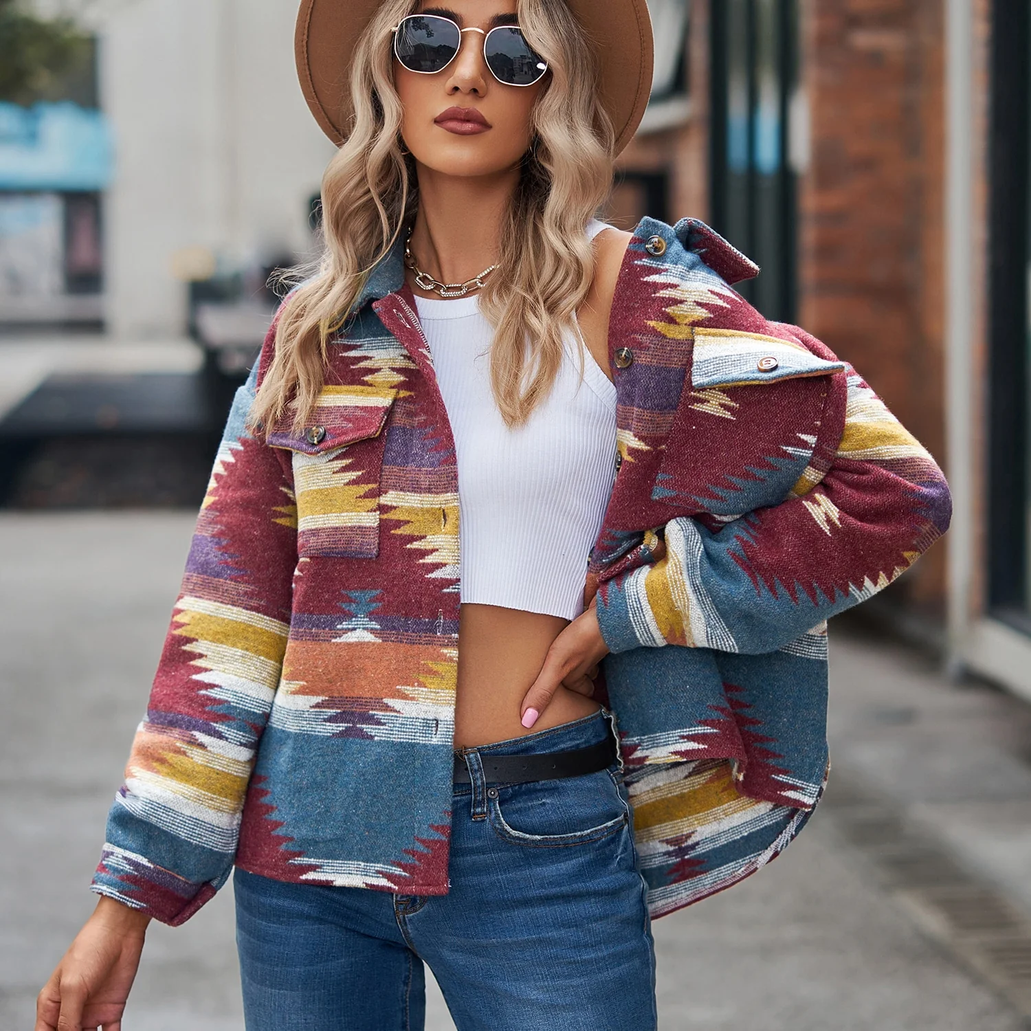 Vintage Jacket Women Splicing Loose Jacket Denim Print Aztec Retro Ethnic Style Long Sleeved Shirt Streetwear Female Goth Coat - Image 3