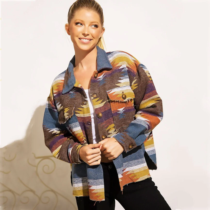 Vintage Jacket Women Splicing Loose Jacket Denim Print Aztec Retro Ethnic Style Long Sleeved Shirt Streetwear Female Goth Coat - Image 4
