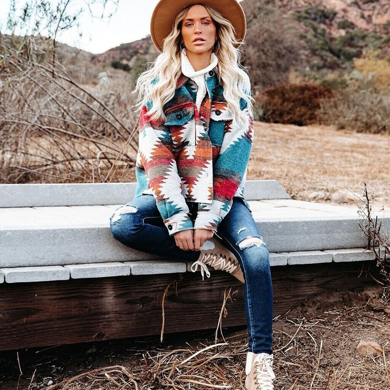 Vintage Jacket Women Splicing Loose Jacket Denim Print Aztec Retro Ethnic Style Long Sleeved Shirt Streetwear Female Goth Coat - Image 5
