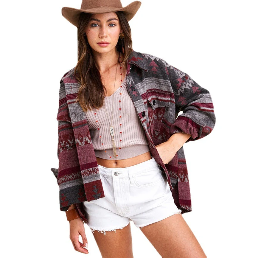 Vintage Jacket Women Splicing Loose Jacket Denim Print Aztec Retro Ethnic Style Long Sleeved Shirt Streetwear Female Goth Coat - Image 6
