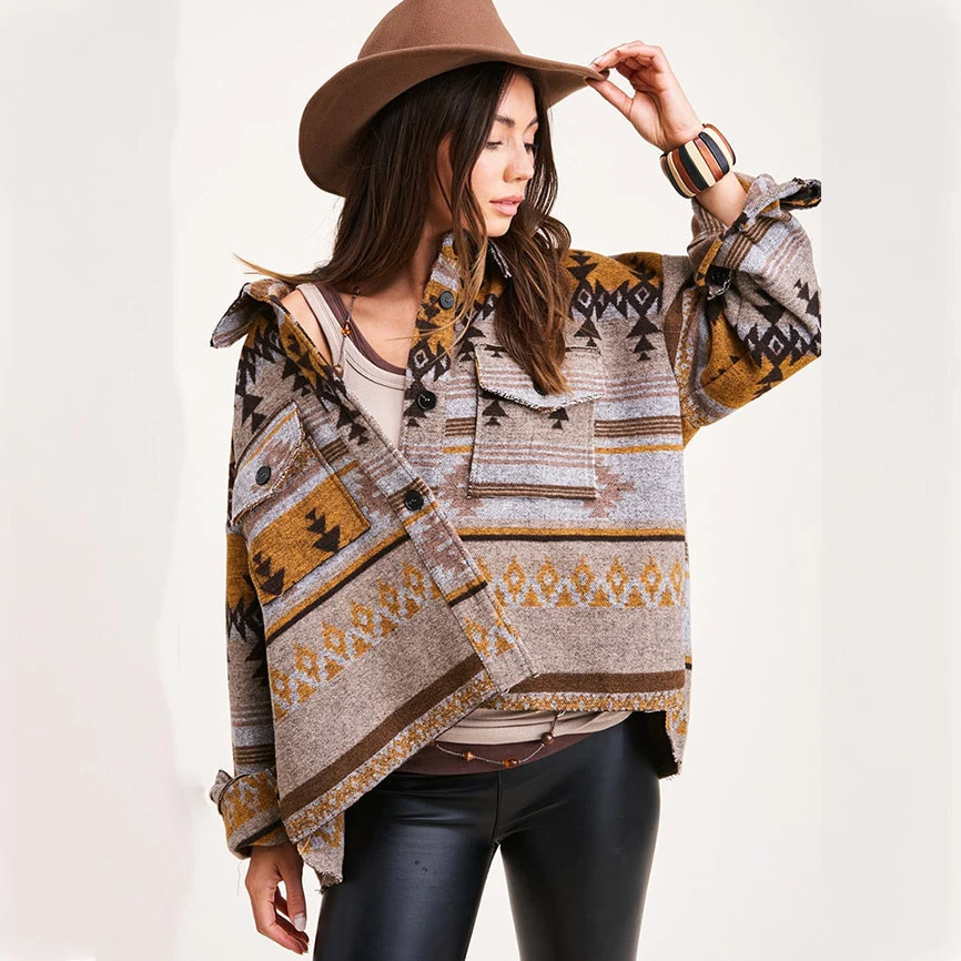 Vintage Jacket Women Splicing Loose Jacket Denim Print Aztec Retro Ethnic Style Long Sleeved Shirt Streetwear Female Goth Coat - Image 8