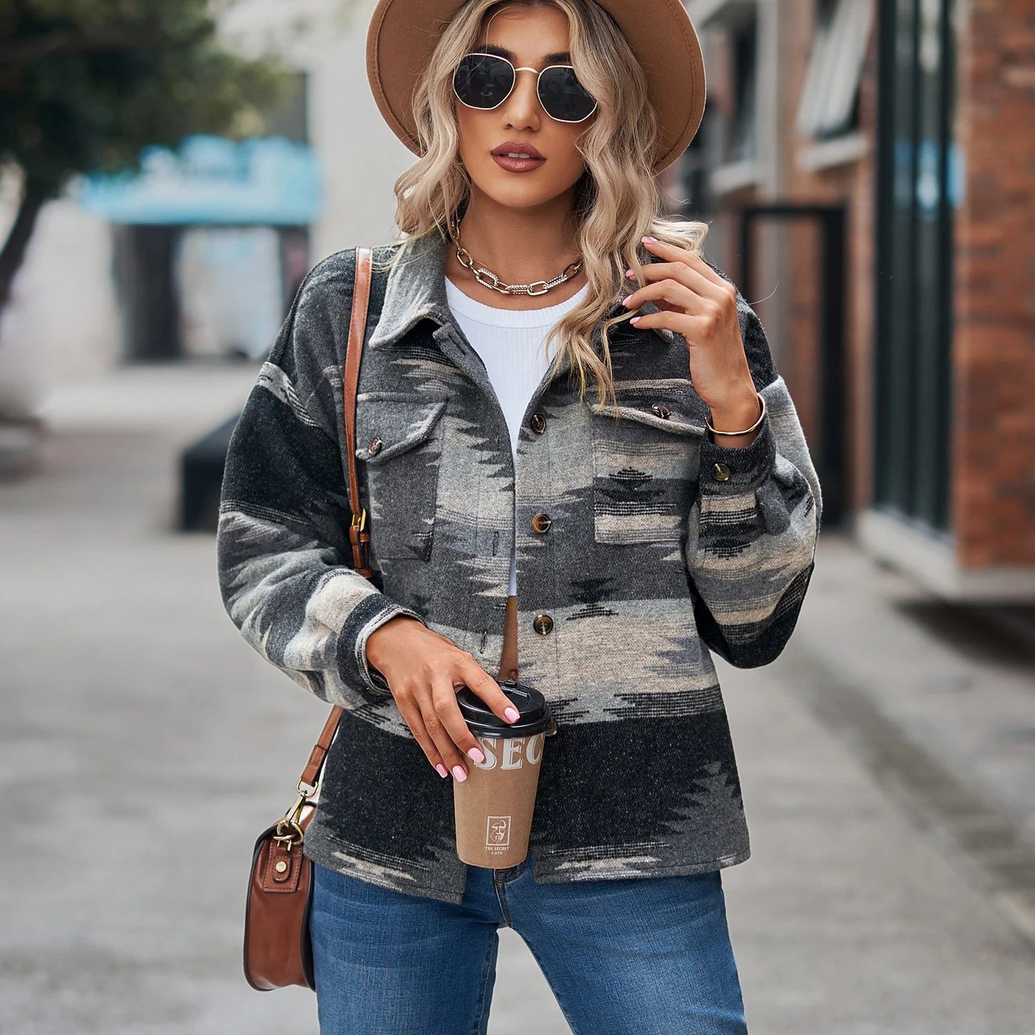 Vintage Jacket Women Splicing Loose Jacket Denim Print Aztec Retro Ethnic Style Long Sleeved Shirt Streetwear Female Goth Coat - Image 9