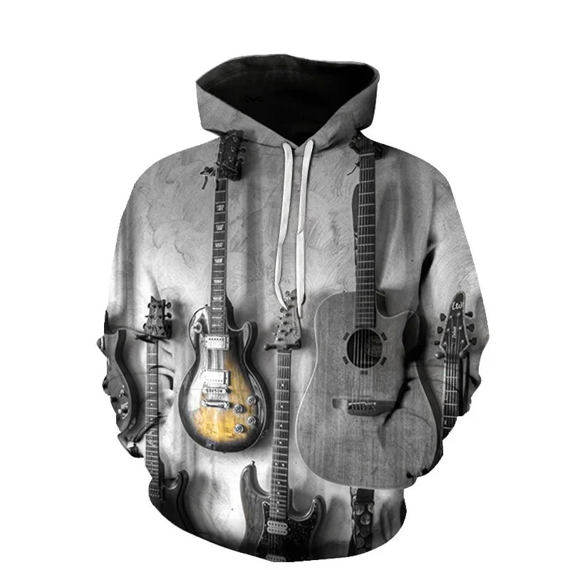 Vintage Men Spring Autumn Music Enthusiast 3D Guitar Graphic Hoodies Hip Hop Art Style Pullovers Women Casual Drum Kit Coat - Image 2