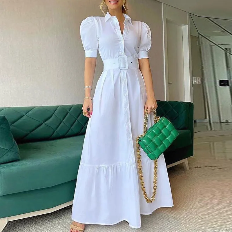Vintage Puff Sleeve Women Party Maxi Dress Elegant Striped Office Lady Long Dresses Fashion Turn-down Collar Button Shirt Dress - Image 7