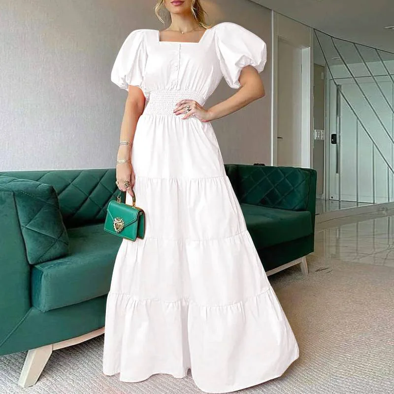 Vintage Puff Sleeve Women Party Maxi Dress Elegant Striped Office Lady Long Dresses Fashion Turn-down Collar Button Shirt Dress - Image 9