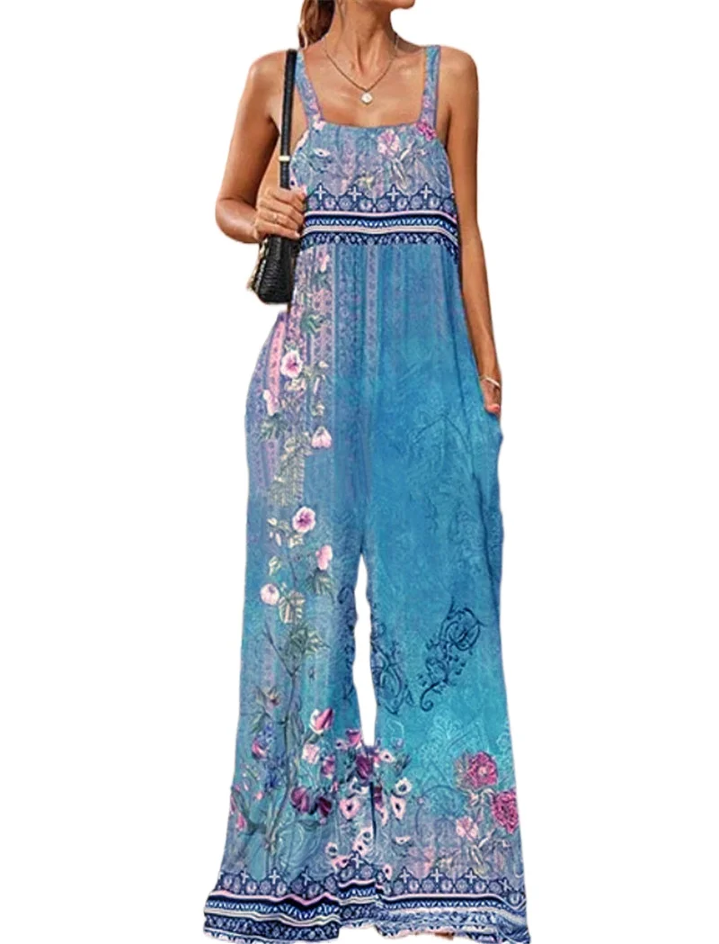 Vintage Sleeveless Jumpsuits One Piece Wide Leg Pants Summer Women Print Loose Rompers Causal Elegant Overalls 2023 Jump Suit - Image 5