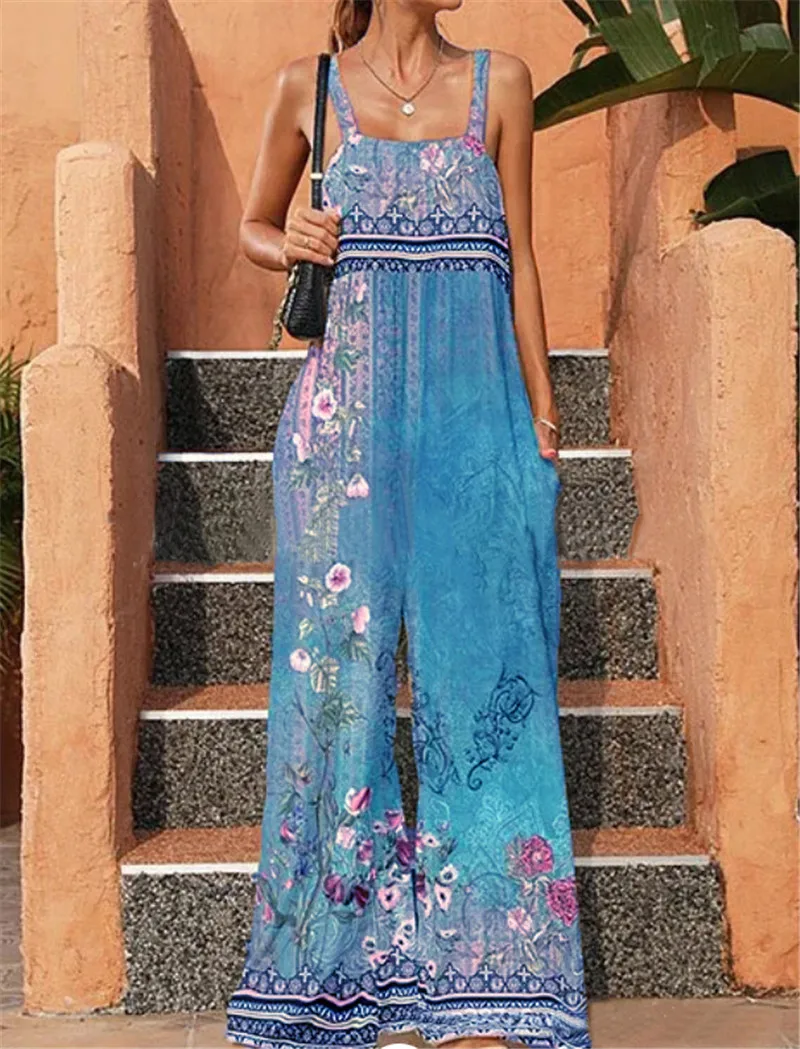 Vintage Sleeveless Jumpsuits One Piece Wide Leg Pants Summer Women Print Loose Rompers Causal Elegant Overalls 2023 Jump Suit - Image 7