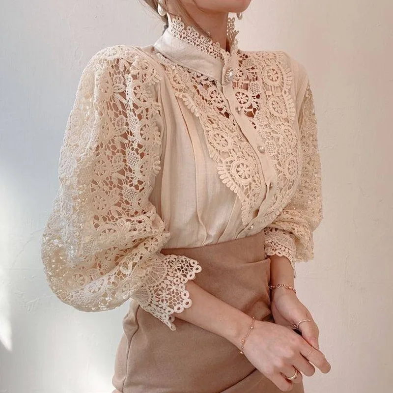 Vintage Solid White Lace Blouse Shirts Women New Korean Button Loose Shirt Tops Female Hollow Casual Ladies Blouses Blusas - Image 2