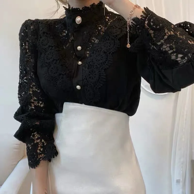 Vintage Solid White Lace Blouse Shirts Women New Korean Button Loose Shirt Tops Female Hollow Casual Ladies Blouses Blusas - Image 8