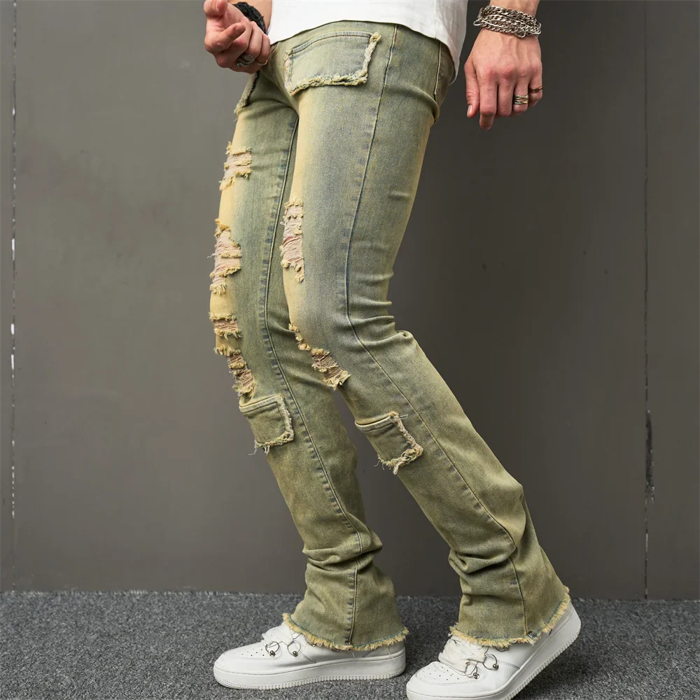 Vintage Style Men Streetwear Holes Spliced Slim Jeans Trousers Hip hop Stylish Distressed Stretch Denim Pants For Male - Image 3