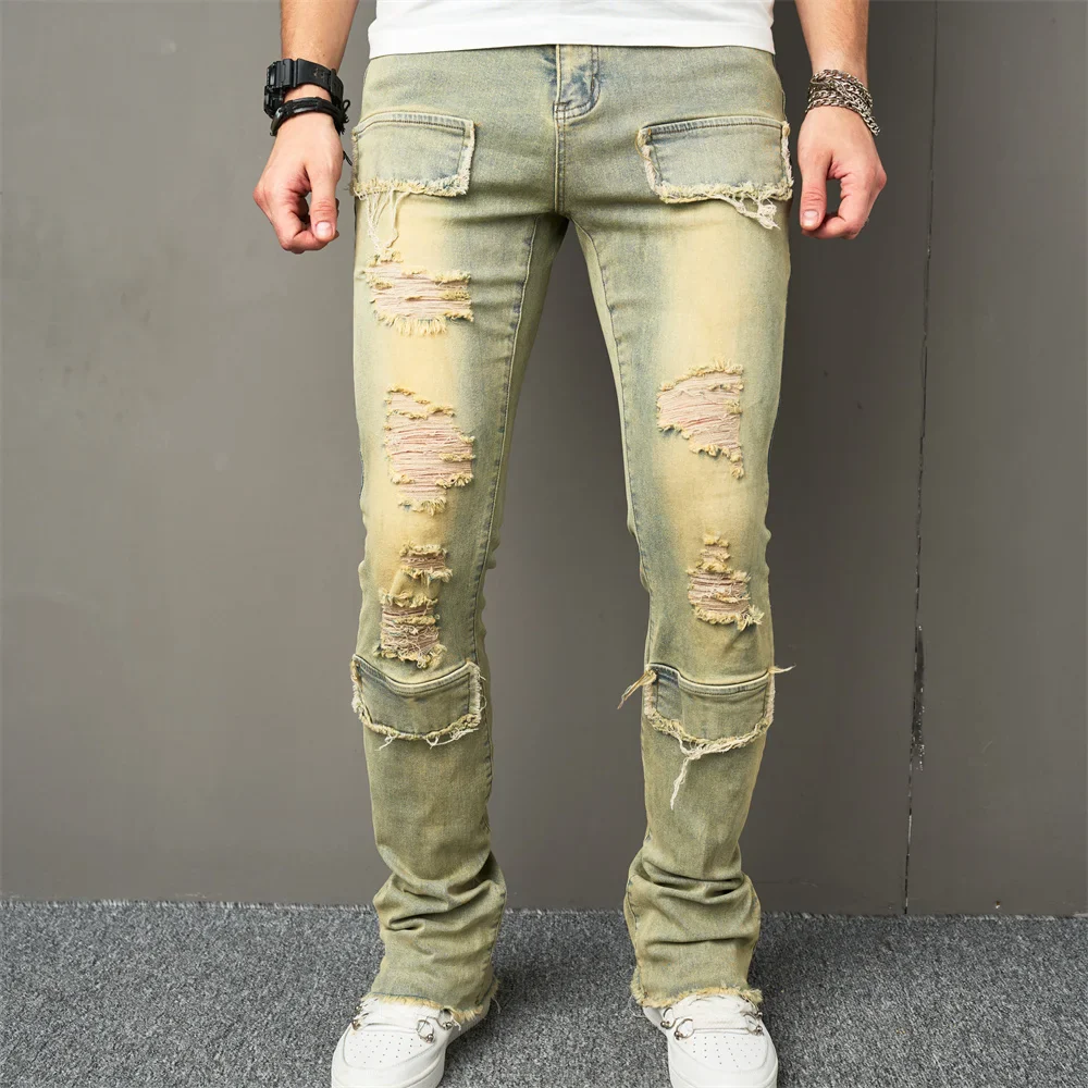 Vintage Style Men Streetwear Holes Spliced Slim Jeans Trousers Hip hop Stylish Distressed Stretch Denim Pants For Male - Image 4