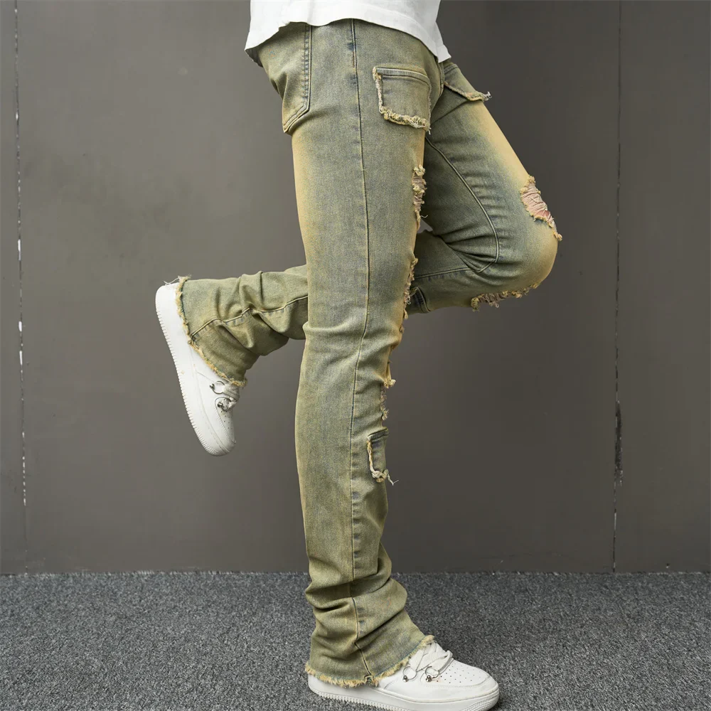Vintage Style Men Streetwear Holes Spliced Slim Jeans Trousers Hip hop Stylish Distressed Stretch Denim Pants For Male - Image 5