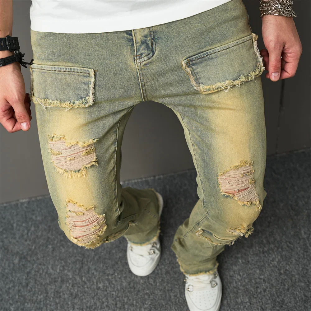 Vintage Style Men Streetwear Holes Spliced Slim Jeans Trousers Hip hop Stylish Distressed Stretch Denim Pants For Male - Image 6