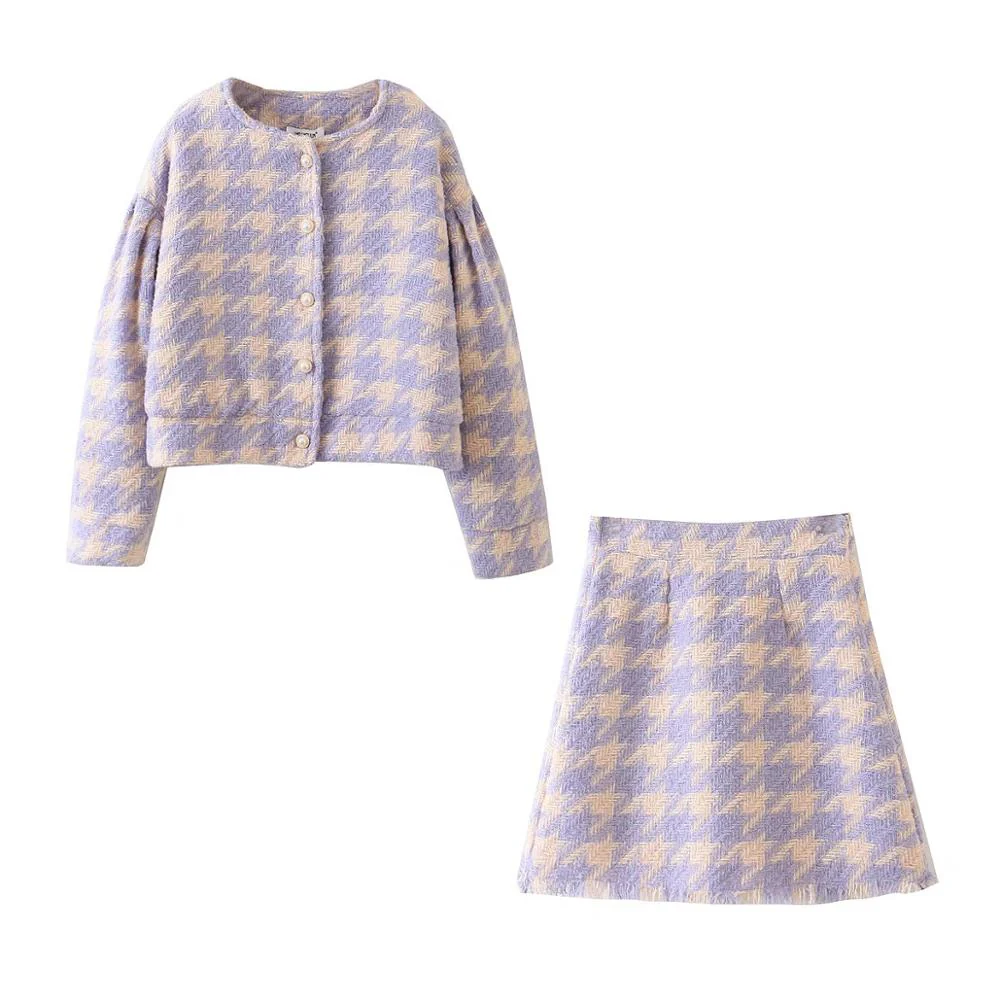 Vintage Sweet Women Pearl Button Check Gingham Plaid Blazer High Waist A line Mini Short Skirts Long Sleeve Suits 2 Pieces Set - Image 2