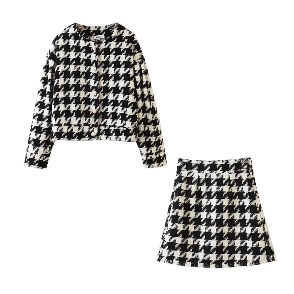 Vintage Sweet Women Pearl Button Check Gingham Plaid Blazer High Waist A line Mini Short Skirts Long Sleeve Suits 2 Pieces Set - Image 3