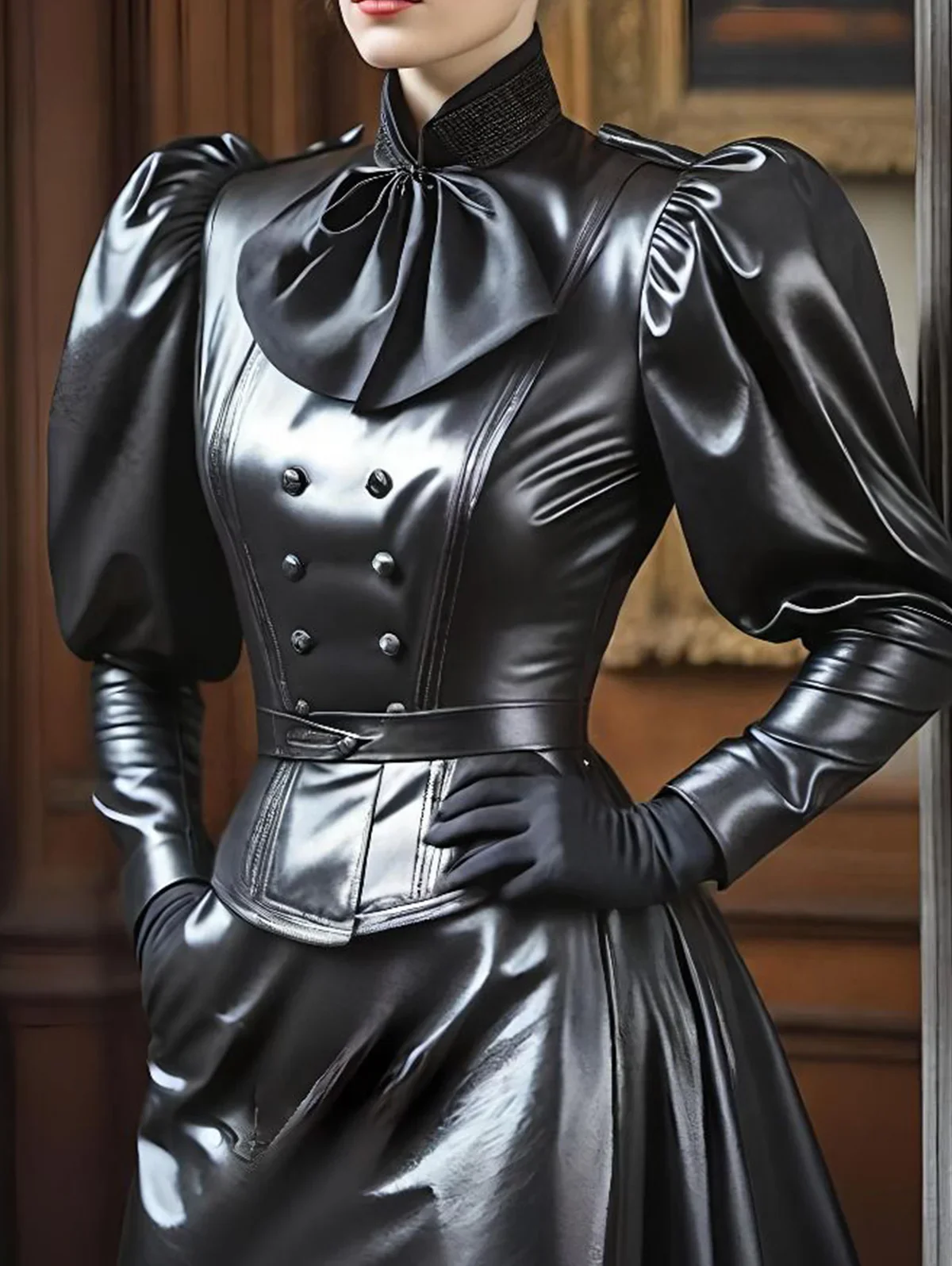 Vintage Women Stand Collar PU Leather Long Sleeve Blouse Cinched Black Bow Puff Sleeve Leather T Shirt High Street Streetwear - Image 2