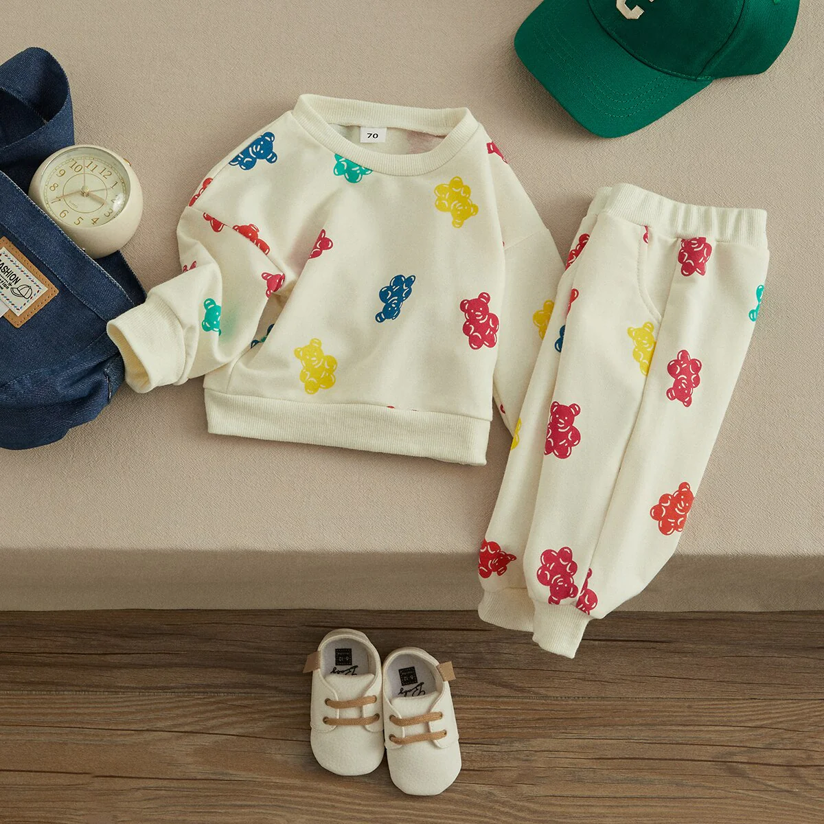 VISgogo Baby Boys Girls Clothes Spring Fall Set Cute Bear Print Long Sleeve Sweatshirt with Elastic Waist Sweatpants 2PCS - Image 4
