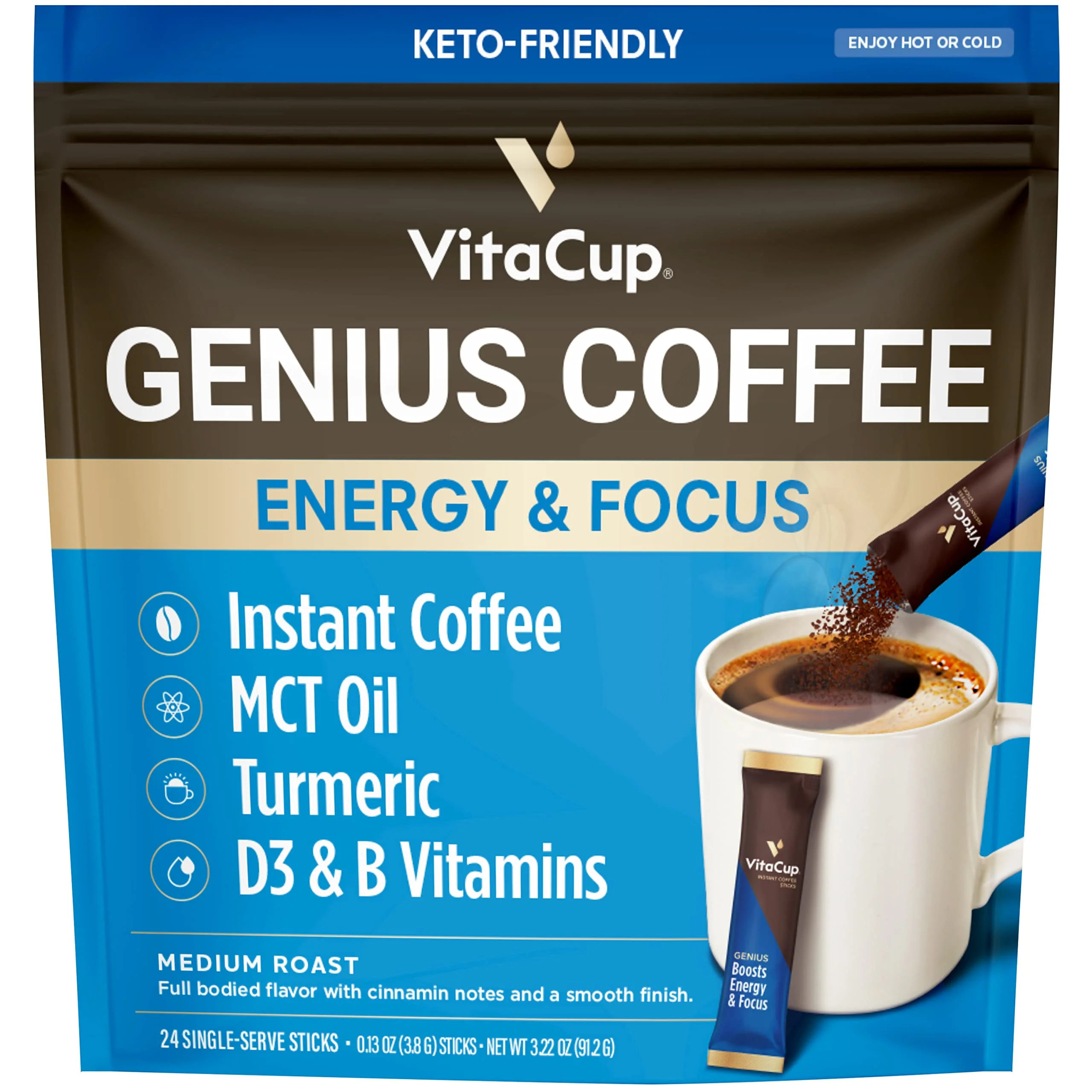 VitaCup Instant Coffee Stick (48) Count Bundle | Genius & Slim Blend | Superfood & Vitamins B1, B5, B6, B9, B12, & D3 Infused | Vegan | Enjoy Hot or Cold - Image 9