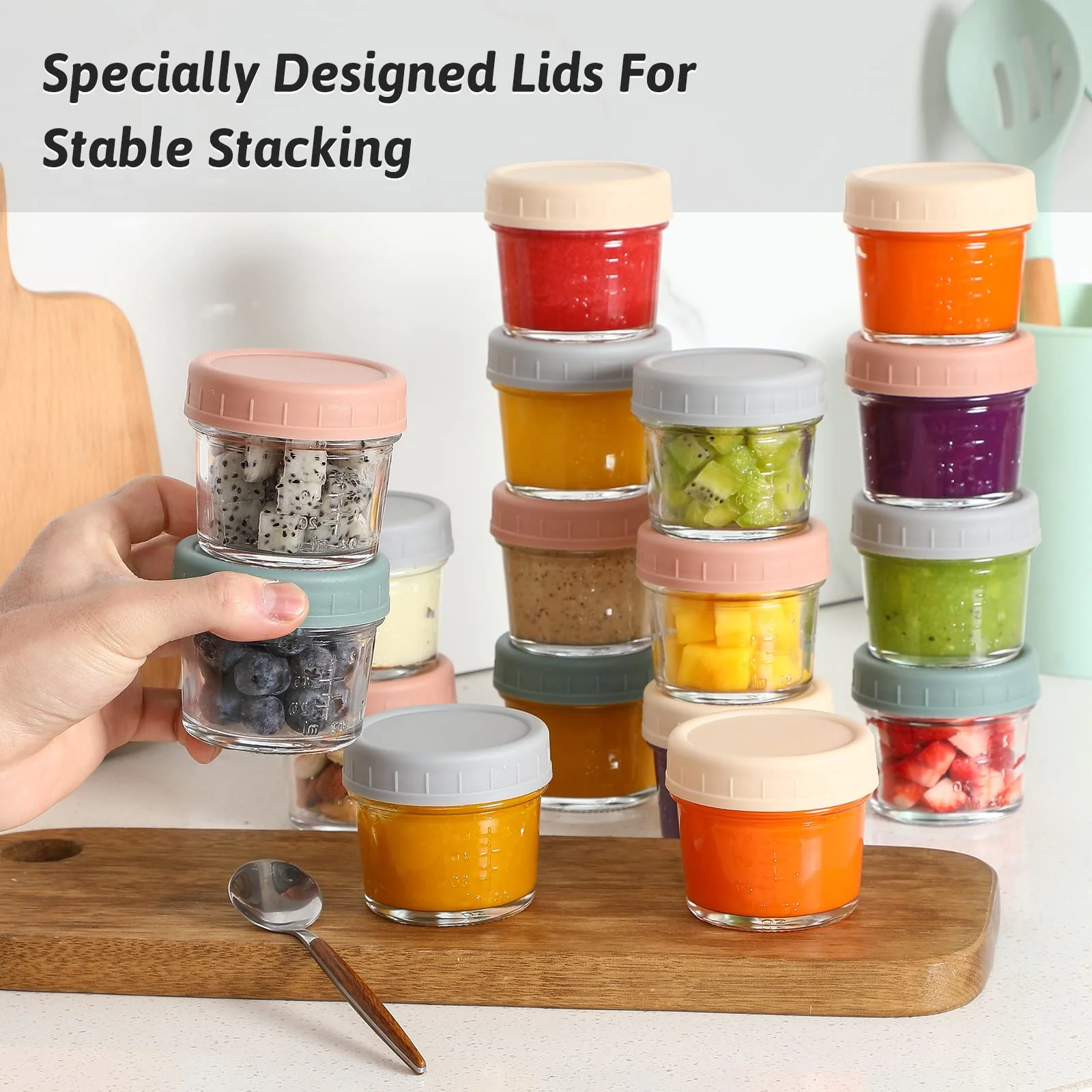 VITEVER 16 Pack Glass Baby Food Storage Containers, 4 oz Baby Food Jars with Plastic Lids, Small Baby Food Maker, Reusable Infant Freezer Container, Microwave, Dishwasher & Freezer Safe, BPA Free - Image 2