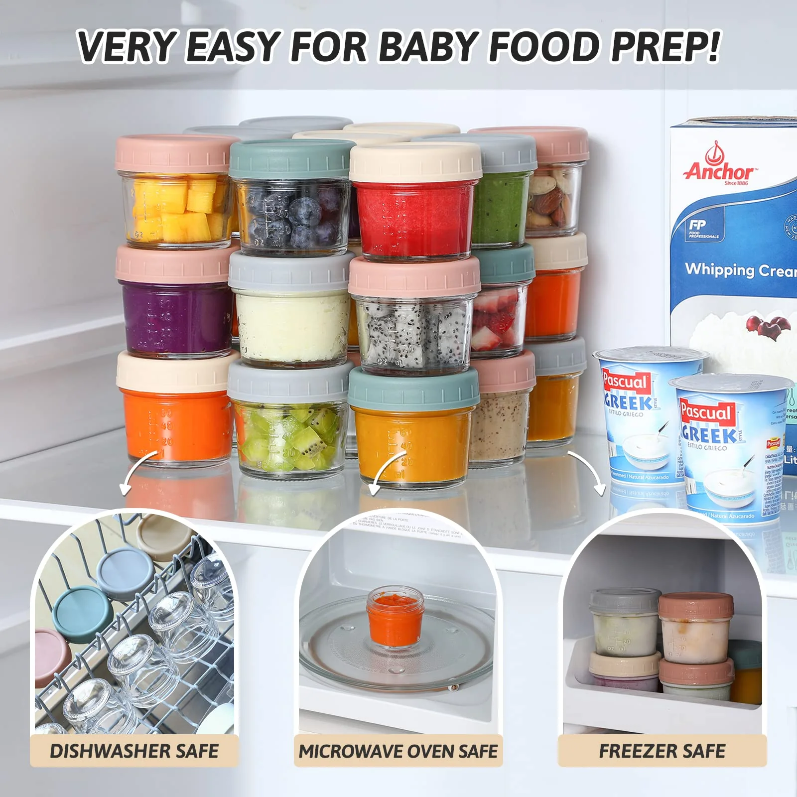 VITEVER 16 Pack Glass Baby Food Storage Containers, 4 oz Baby Food Jars with Plastic Lids, Small Baby Food Maker, Reusable Infant Freezer Container, Microwave, Dishwasher & Freezer Safe, BPA Free - Image 5