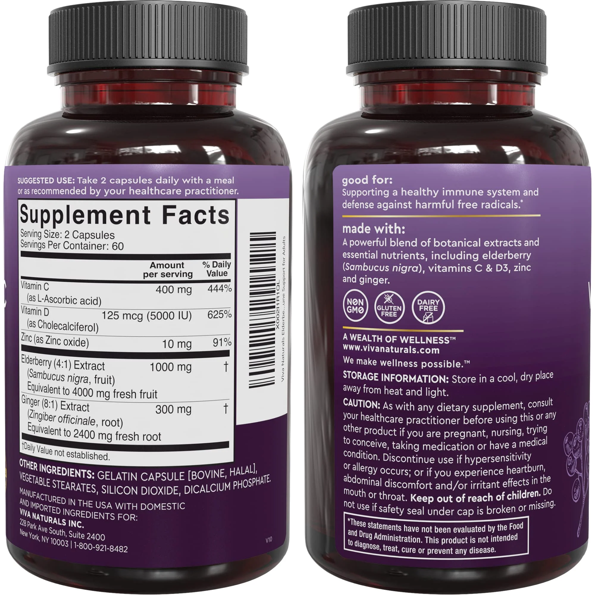 Viva Naturals Elderberry with Vitamin C and Zinc for Adults - 5 in 1 Sambucus Black Elderberry Capsules with Vitamin D3 5000 IU, Elderberries Immune Support Supplement 2 Months Supply Pills - Image 2