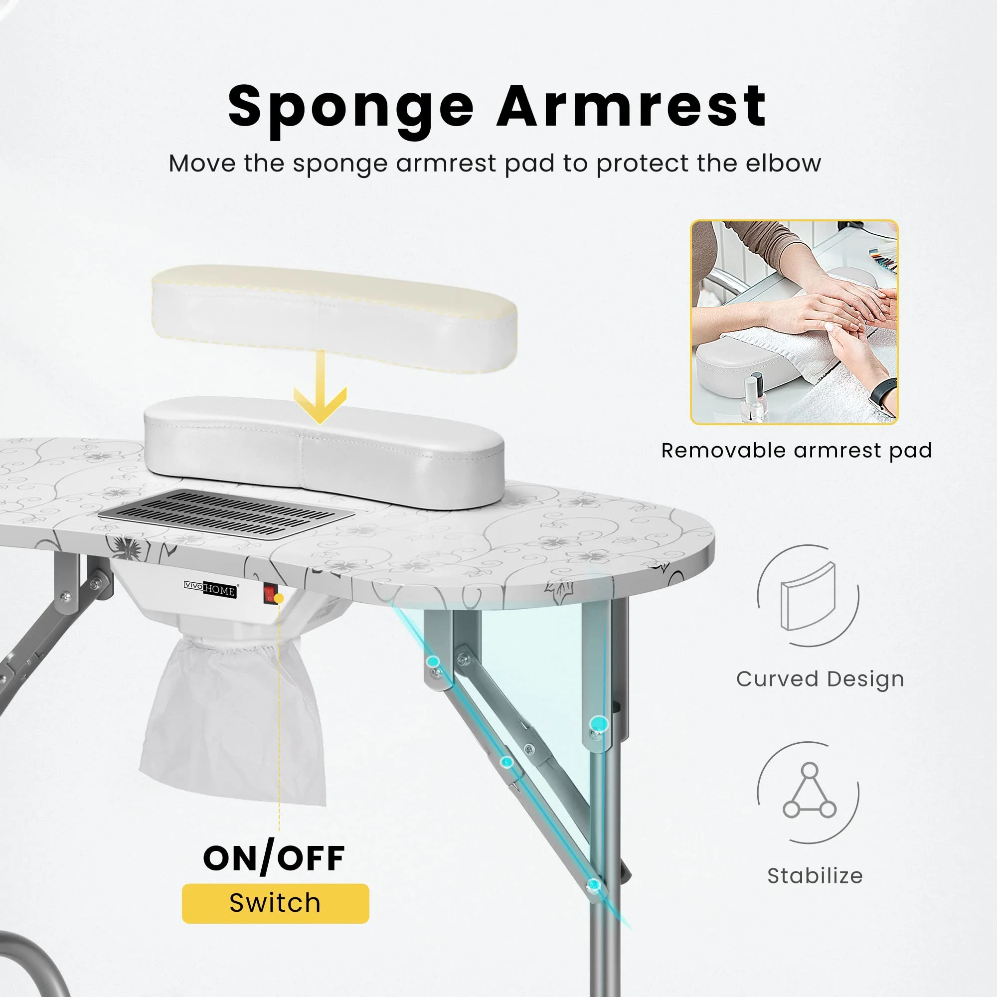 VIVOHOME Portable Manicure Nail Table on Wheels with Built-in Dust Collector, Updated USB-Plug LED Table Lamp, Carry Bag for Home Spa Beauty Salon Workstation, White - Image 6