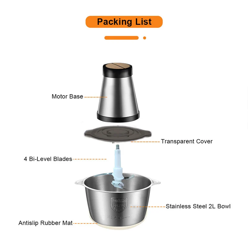 VOA 2 Speeds Electric Chopper Stainless Steel Meat Grinder Mincer Food Processor Slicer 2LCapacity Baby Supplement Machine - Image 10