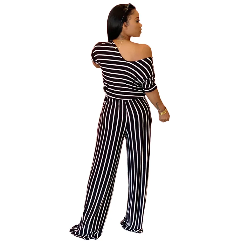 VOLALO Women Causal Striped Short Sleeve Jumpsuit  Loose Fit Summer Long Pants Daily Overalls Comfy Jumpsuit - Image 2