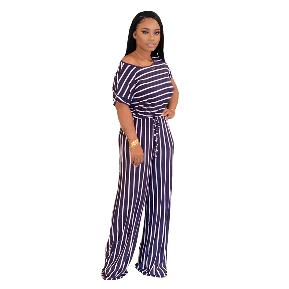VOLALO Women Causal Striped Short Sleeve Jumpsuit  Loose Fit Summer Long Pants Daily Overalls Comfy Jumpsuit - Image 3