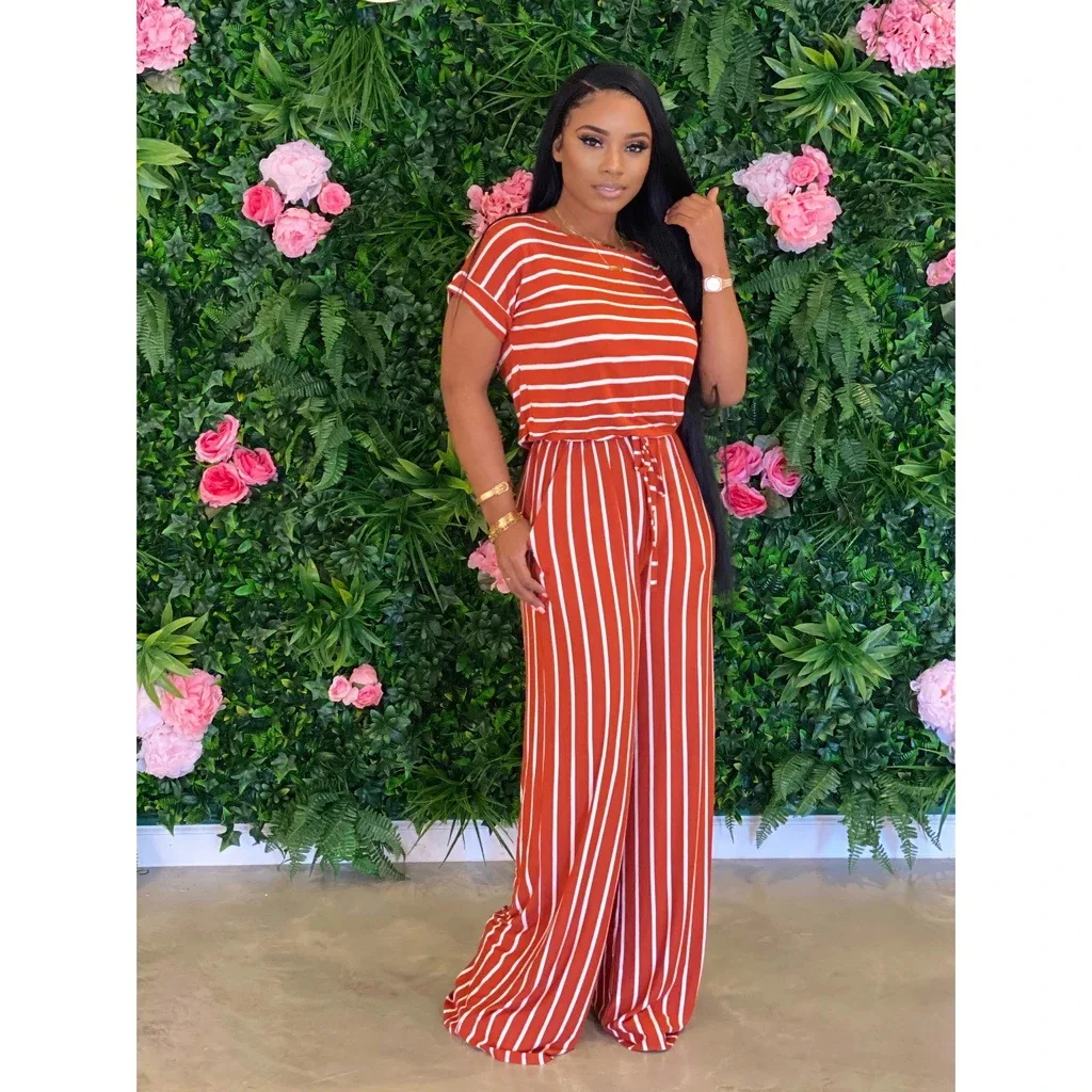 VOLALO Women Causal Striped Short Sleeve Jumpsuit  Loose Fit Summer Long Pants Daily Overalls Comfy Jumpsuit - Image 4