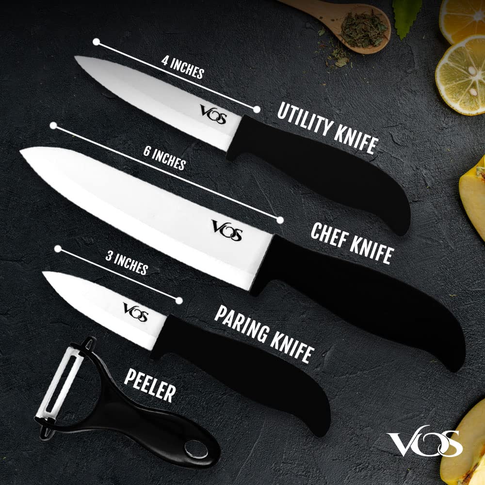 Vos Ceramic Knife Set, Ceramic Knives Set For Kitchen, Ceramic Kitchen Knives With Peeler, Ceramic Paring Knife 3", 4", 6", Inch Black - Image 4