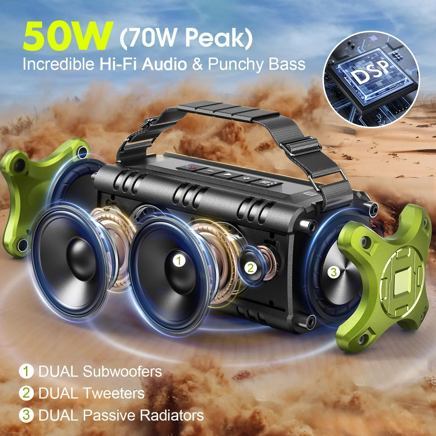 W-KING Bluetooth Speaker, 50W Portable Speakers Bluetooth Wireless Loud, IPX6 Waterproof Outdoor Large Bluetooth Speaker Subwoofer/Bass Boost/DSP/40H Playtime/Stereo Pairing/Power Bank/TF/Hands-Free - Image 9