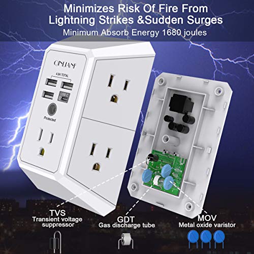 Wall Charger, Surge Protector, QINLIANF 5 Outlet Extender with 4 USB Charging Ports (4.8A Total) 3-Sided 1680J Power Strip Multi Plug Adapter Spaced for Home Travel Office (3U1C) - Image 3