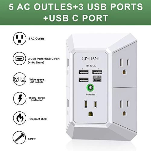 Wall Charger, Surge Protector, QINLIANF 5 Outlet Extender with 4 USB Charging Ports (4.8A Total) 3-Sided 1680J Power Strip Multi Plug Adapter Spaced for Home Travel Office (3U1C) - Image 7