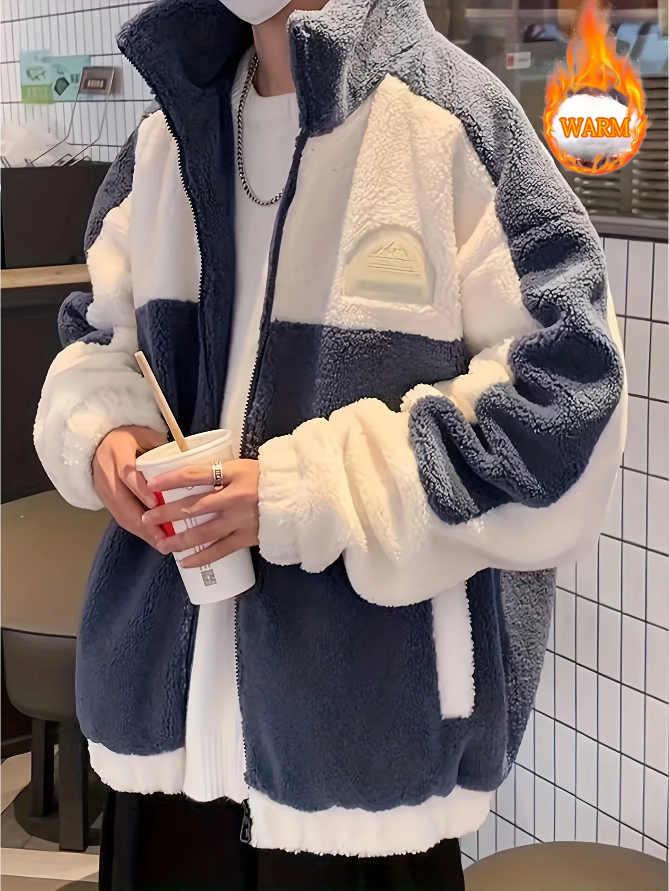 Warm Plush Fleece Jacket, Men's Casual Color Block Stand Collar Jacket Coat For Fall Winter - Image 3