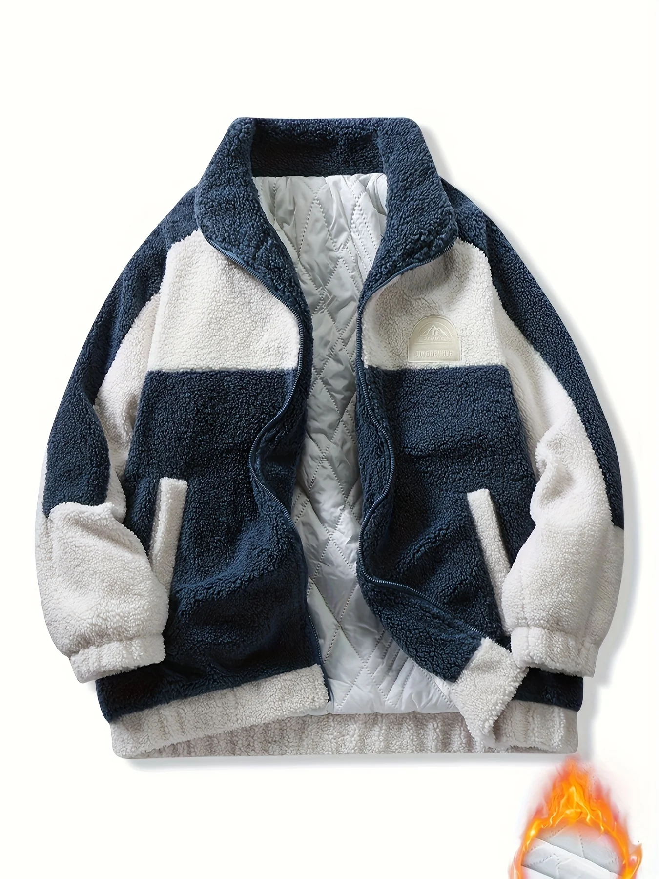 Warm Plush Fleece Jacket, Men's Casual Color Block Stand Collar Jacket Coat For Fall Winter - Image 5