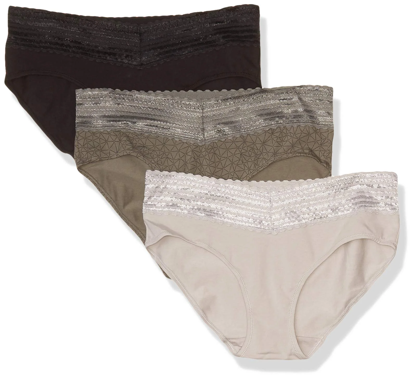 Warner's Women's Blissful Benefits No Muffin Cotton Stretch Lace Hipster Panties Multipack, Stone Crystal Web/Platinum/Black