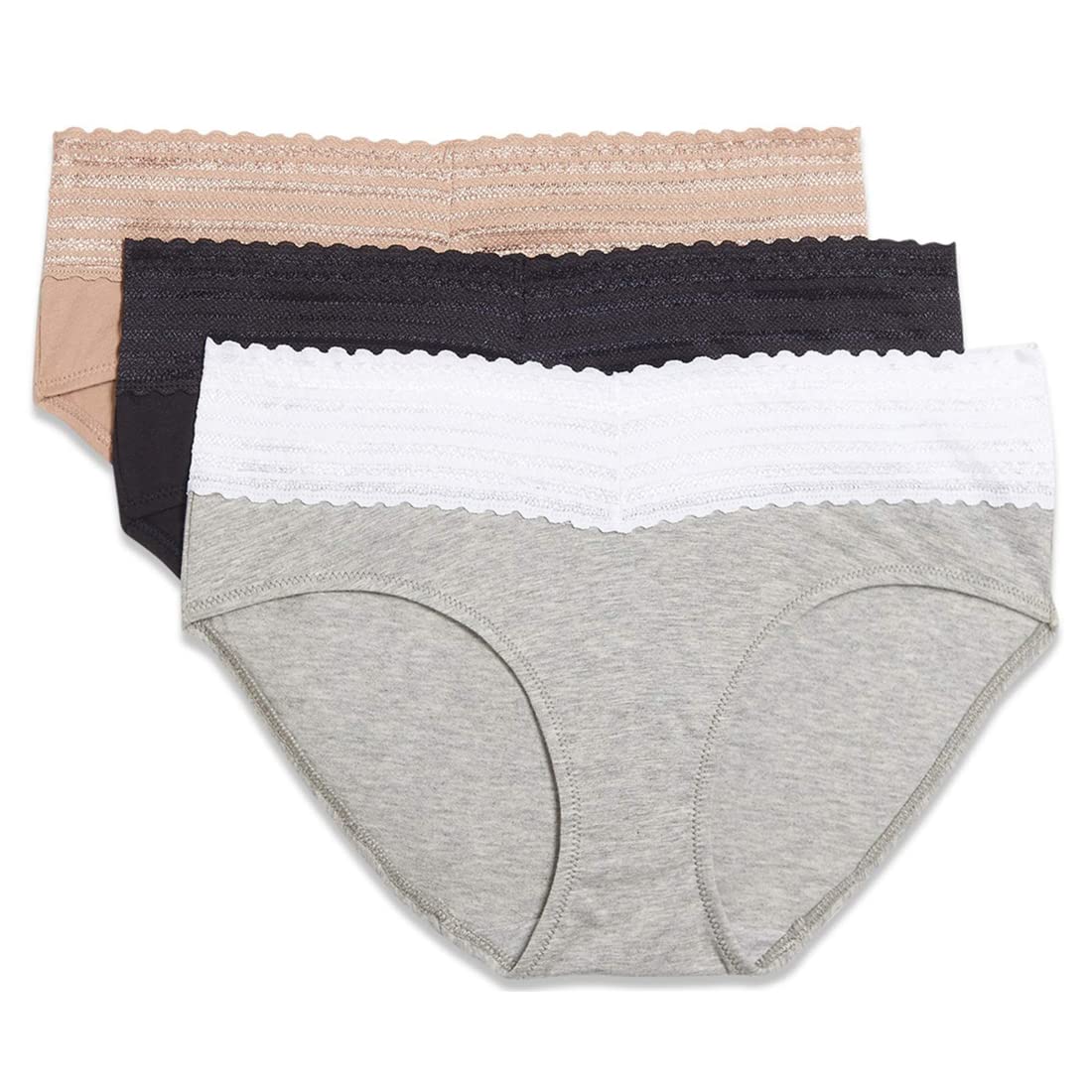 Warner's womens Blissful Benefits No Muffin Cotton Stretch Lace Multipack Hipster Panties, Toasted Almond/Black/Light Grey Heather, Small US
