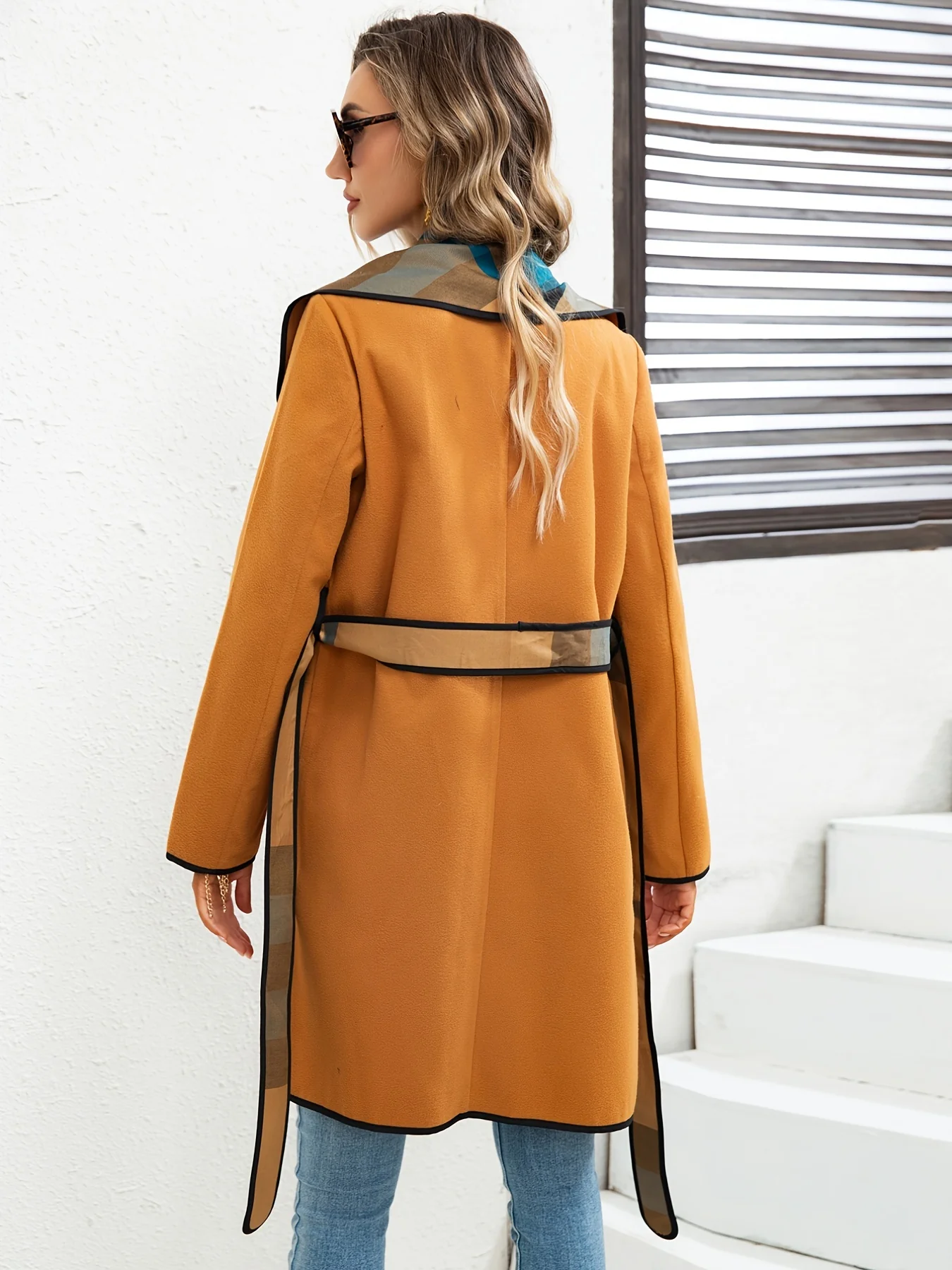 Waterfall Collar Contrast Trim Coat, Casual Open Front Long Sleeve Outerwear, Women's Clothing - Image 2