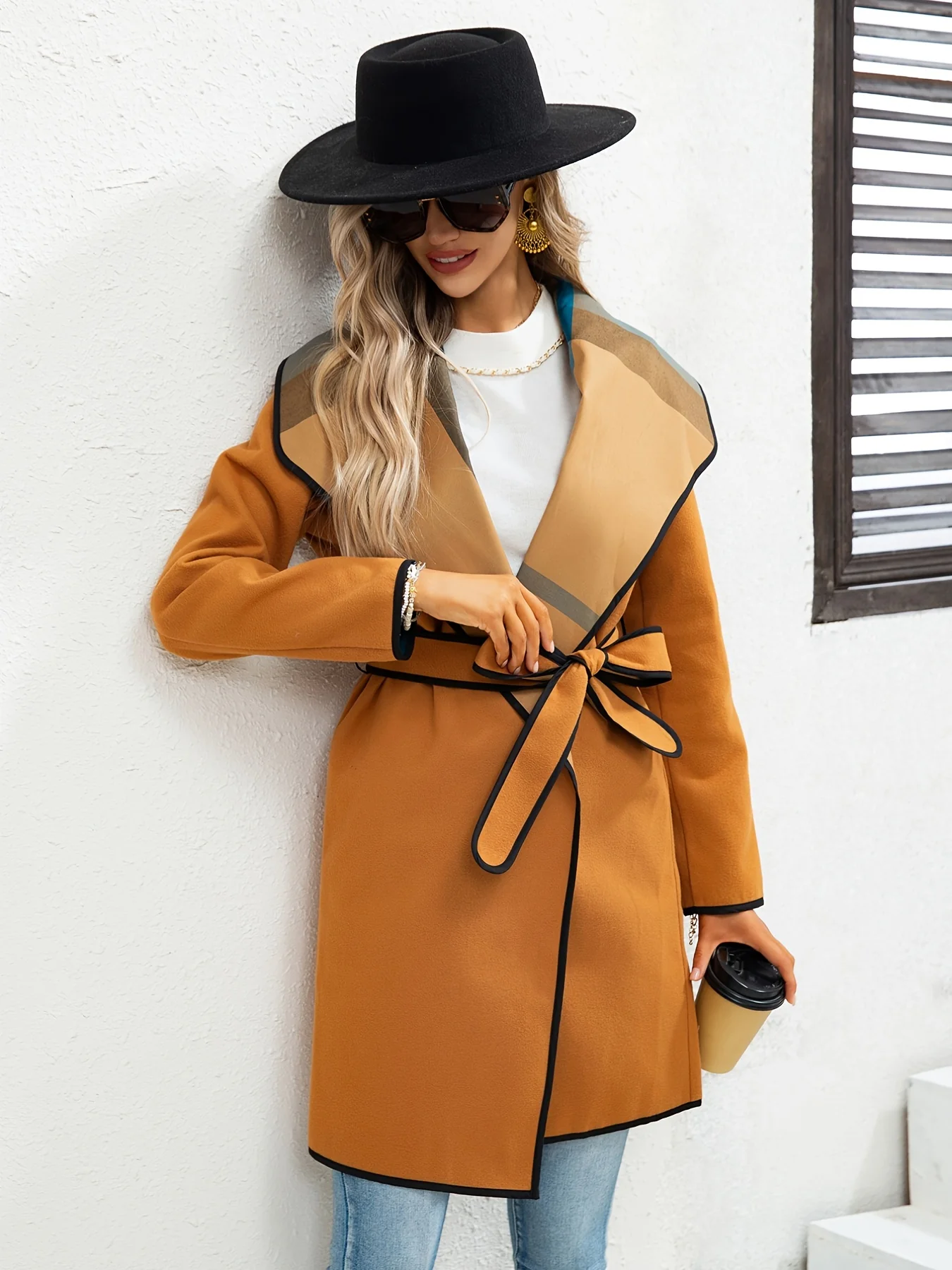 Waterfall Collar Contrast Trim Coat, Casual Open Front Long Sleeve Outerwear, Women's Clothing - Image 3