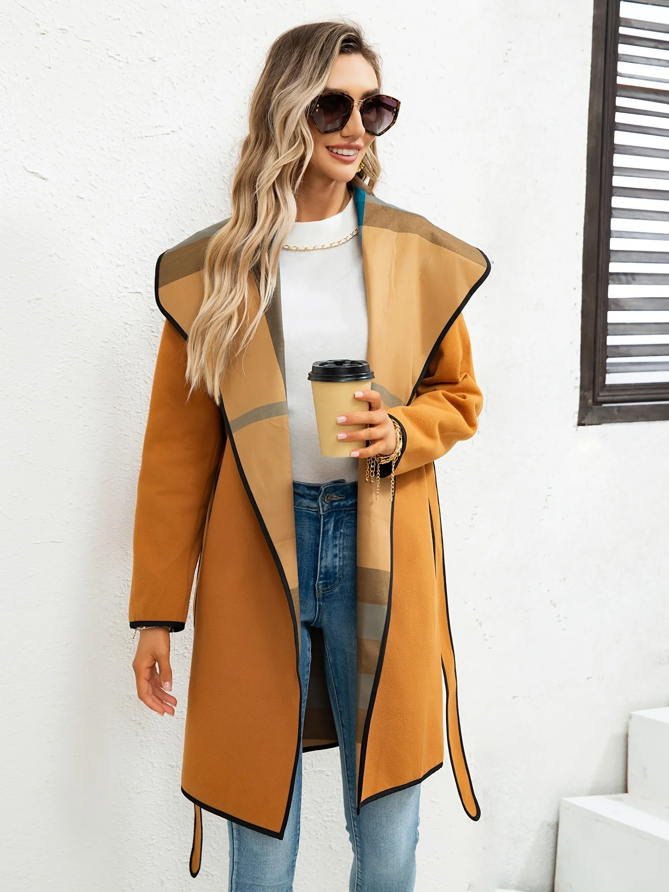 Waterfall Collar Contrast Trim Coat, Casual Open Front Long Sleeve Outerwear, Women's Clothing - Image 4