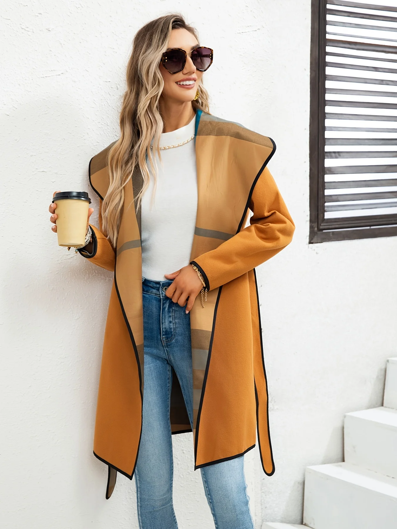 Waterfall Collar Contrast Trim Coat, Casual Open Front Long Sleeve Outerwear, Women's Clothing - Image 5