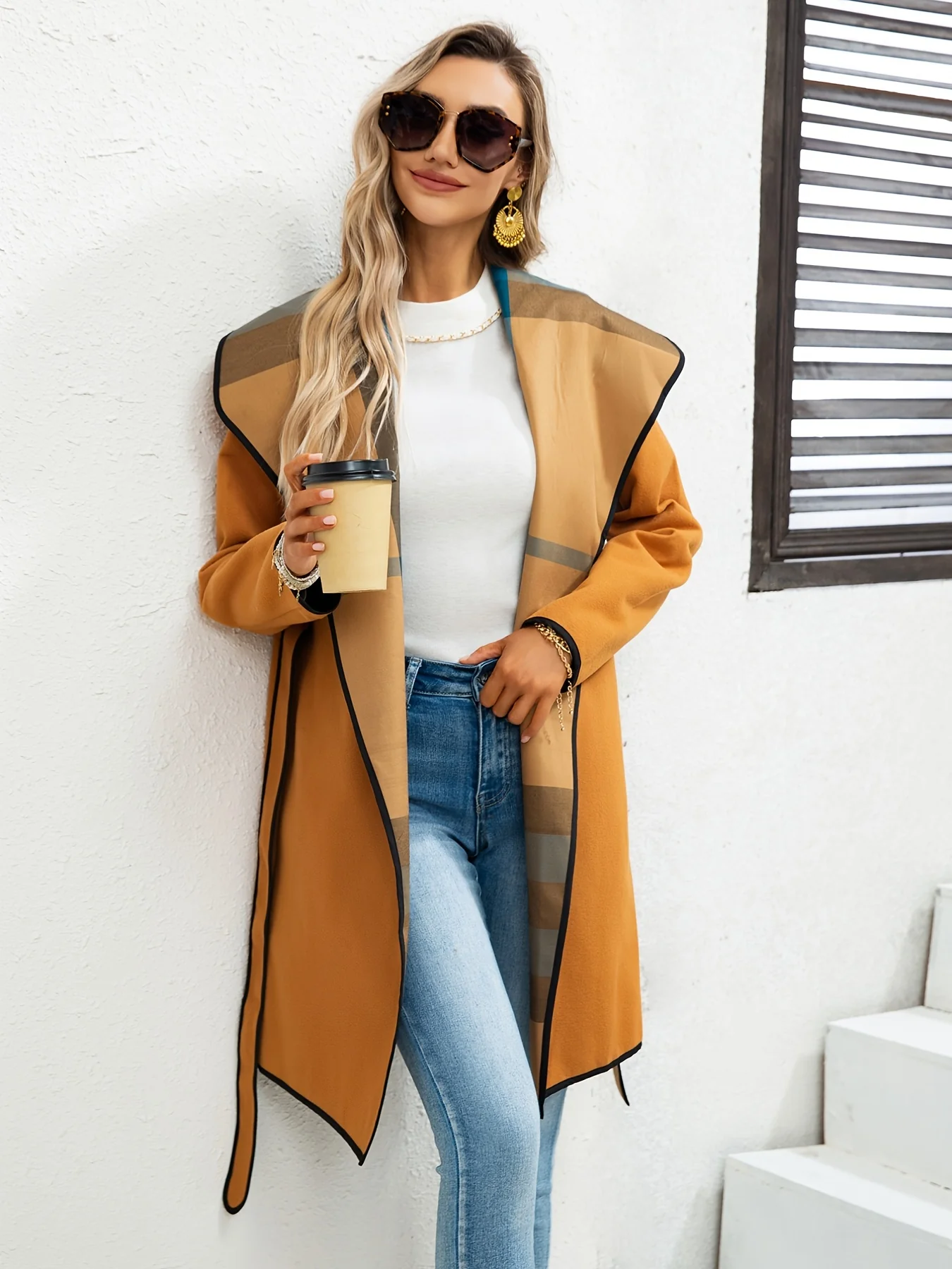 Waterfall Collar Contrast Trim Coat, Casual Open Front Long Sleeve Outerwear, Women's Clothing - Image 6