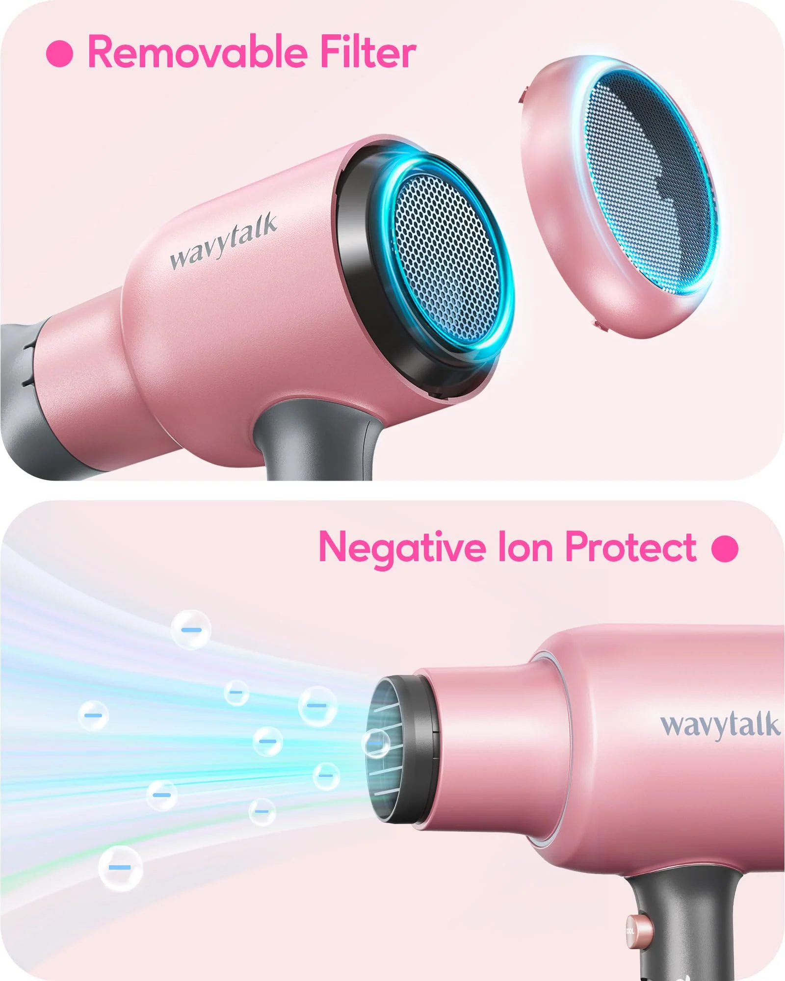 Wavytalk Professional Ionic Hair Dryer Blow Dryer with Diffuser and Concentrator for Curly Hair 1875 Watt Negative Ions Dryer with Ceramic Technology Nozzle for Fast Drying as Salon Light and Quiet - Image 3