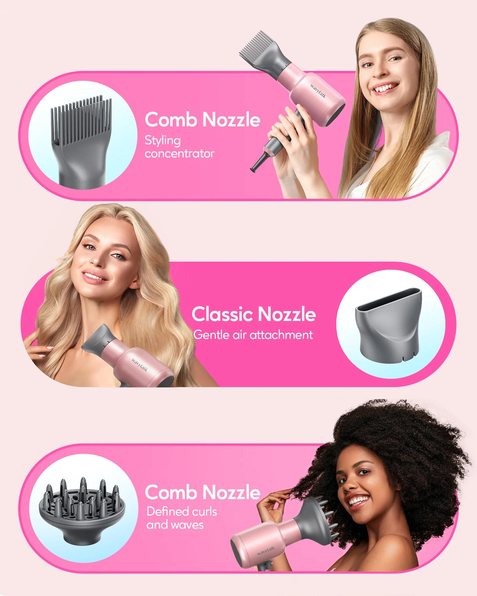 Wavytalk Professional Ionic Hair Dryer Blow Dryer with Diffuser and Concentrator for Curly Hair 1875 Watt Negative Ions Dryer with Ceramic Technology Nozzle for Fast Drying as Salon Light and Quiet - Image 4